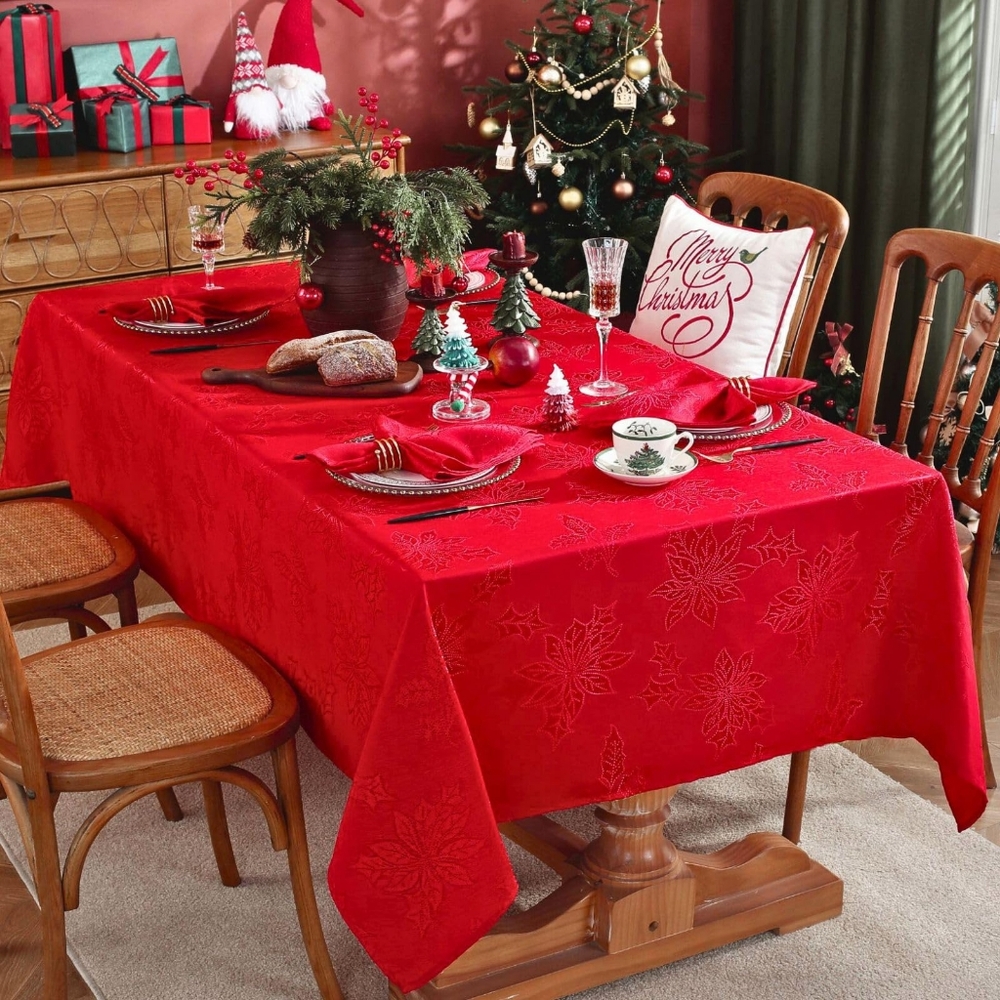 NEW Aspen Red Holiday Tablecloth 60" X 102" Winter Poinsettia Christmas